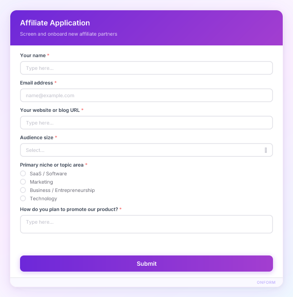 Affiliate Application preview
