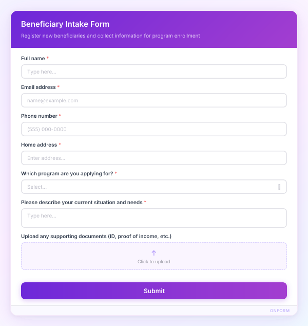 Beneficiary Intake Form preview