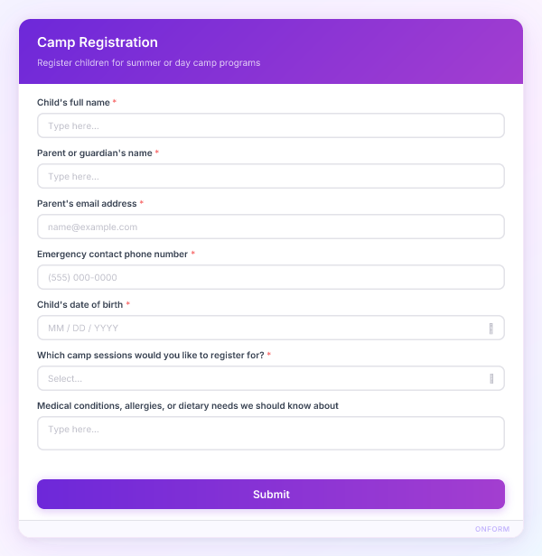 Camp Registration preview