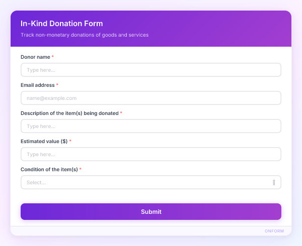 In-Kind Donation Form preview