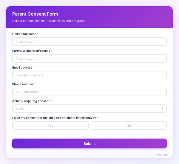Parent Consent Form preview
