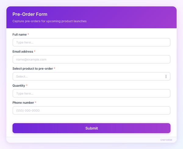 Pre-Order Form preview