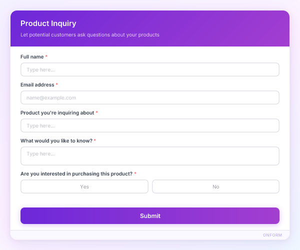 Product Inquiry preview