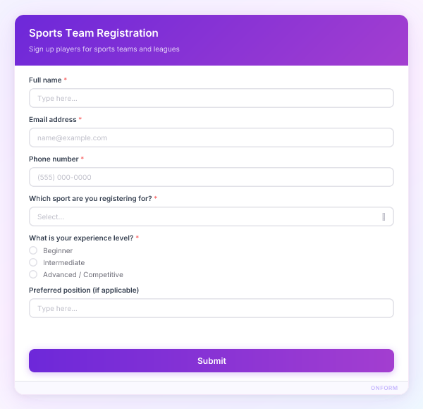 Sports Team Registration preview