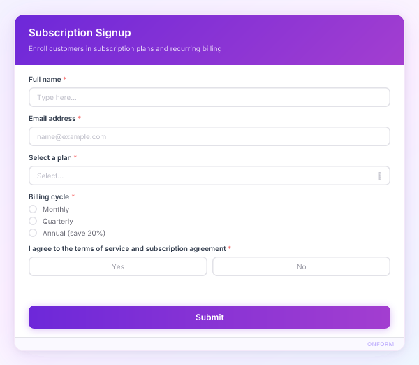 Subscription Signup preview