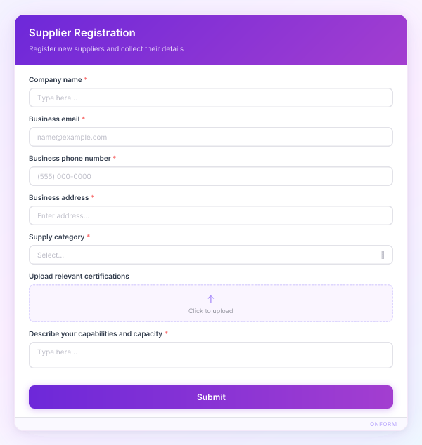 Supplier Registration preview